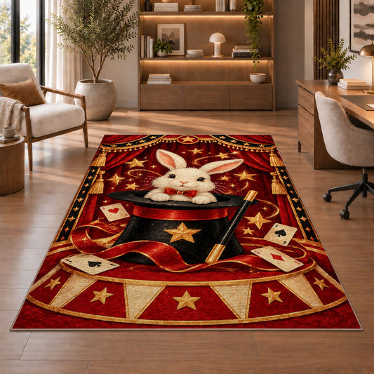 Magic Rabbit Rug in a home office with wooden shelves
