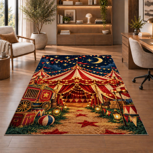 Circus Tent at Night Rug in a home office with wooden shelves