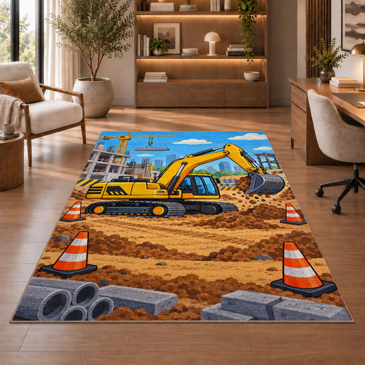 Yellow Excavator Rug in a home office with wooden shelves