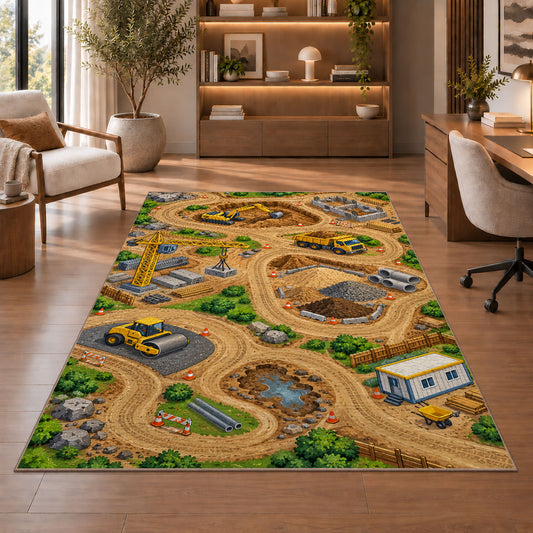 Construction Site Play Mat Rug in a home office with wooden shelves