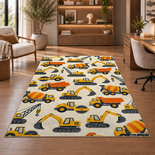 Construction Vehicles Pattern Rug in a home office with wooden shelves
