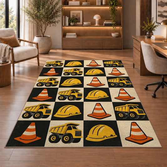 Retro Checkered Construction Rug in a home office with wooden shelves