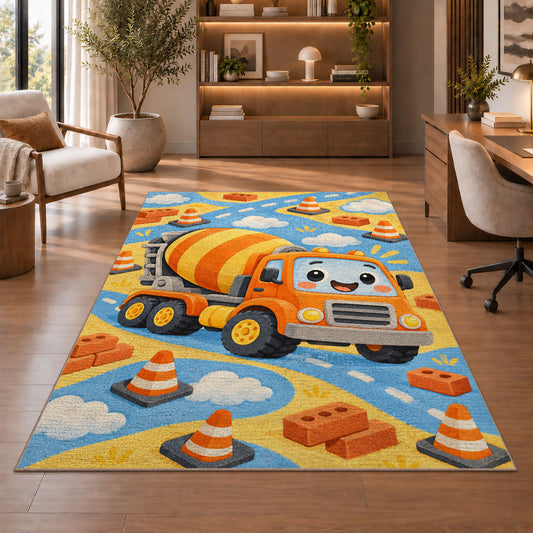 Cute Cement Mixer Rug in a home office with wooden shelves