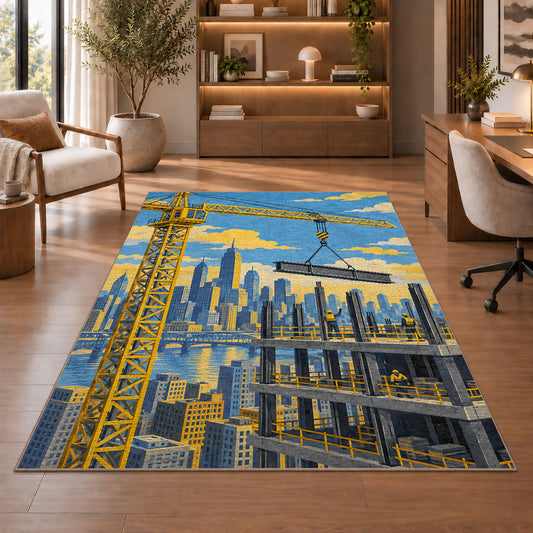 Tower Crane City Rug in a home office with wooden shelves