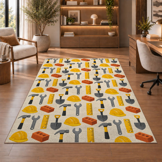 Construction Tools Pattern Rug in a home office with wooden shelves