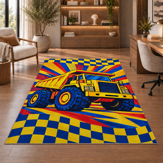 Pop Art Dump Truck Rug in a home office with wooden shelves