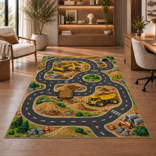 Construction Race Track Rug in a home office with wooden shelves