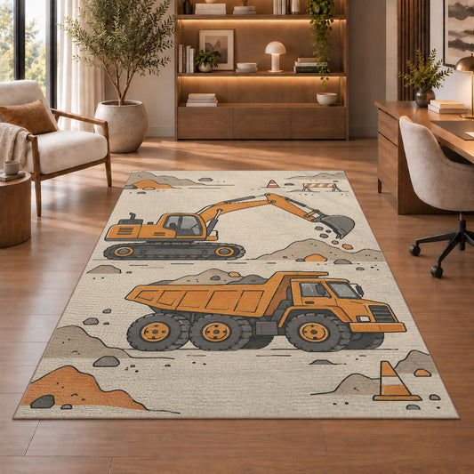Minimalist Excavator Line Art Rug in a home office with wooden shelves