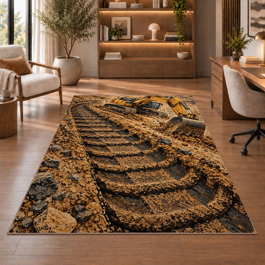 Excavator Tracks Rug in a home office with wooden shelves