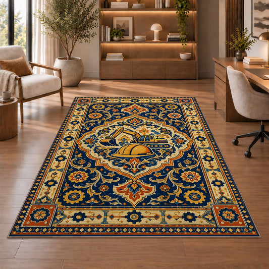 Persian Style Construction Rug in a home office with wooden shelves