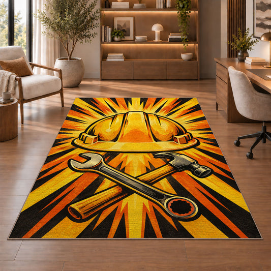 Hard Hat Sunburst Rug in a home office with wooden shelves