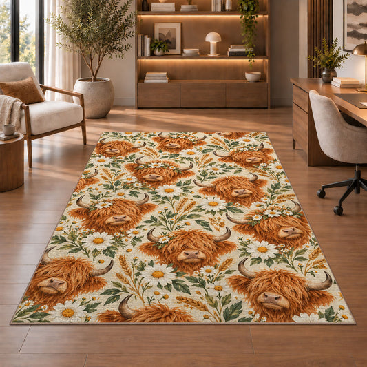 Highland Cow Pattern Rug in a home office with wooden shelves