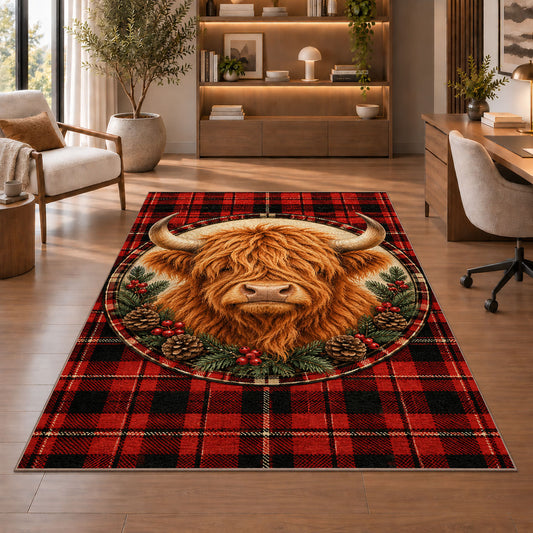 Highland Cow Tartan Plaid Rug in a home office with wooden shelves