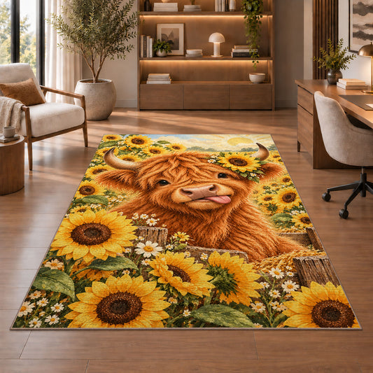Highland Cow Sunflower Rug in a home office with wooden shelves