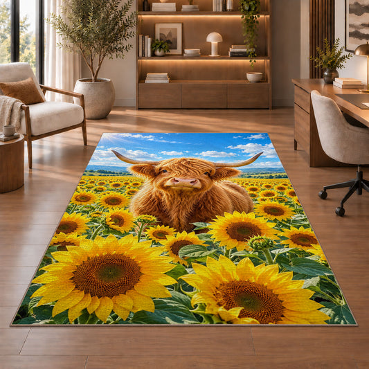 Highland Cow Sunflower Field Rug in a home office with wooden shelves