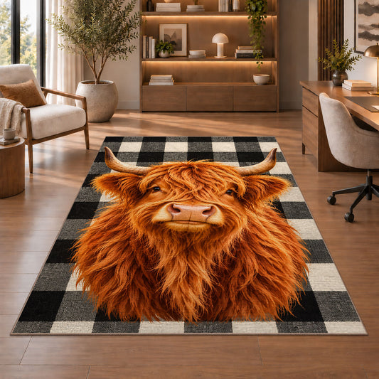 Highland Cow Buffalo Check Rug in a home office with wooden shelves