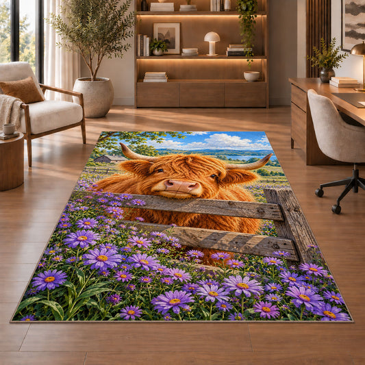 Highland Cow Fence Rug in a home office with wooden shelves