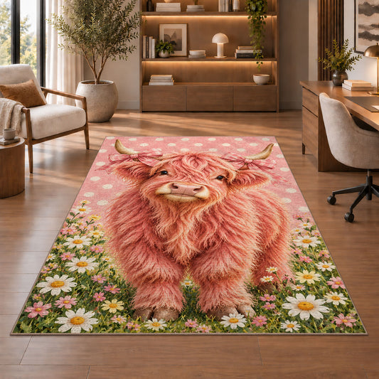 Pink Highland Cow Rug in a home office with wooden shelves