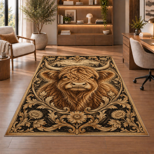 Vintage Highland Cow Rug in a home office with wooden shelves