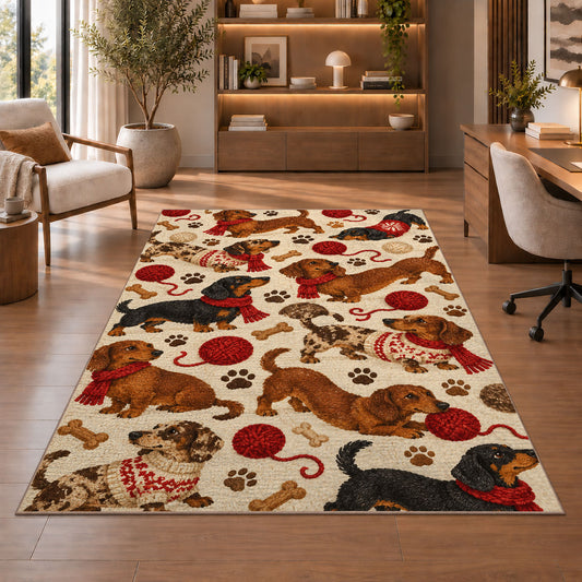 Dachshund Pattern Rug in a home office with wooden shelves