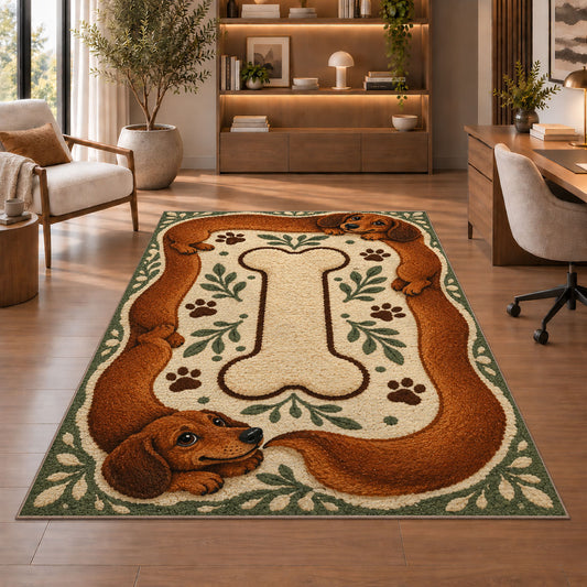 Long Dachshund Border Rug in a home office with wooden shelves