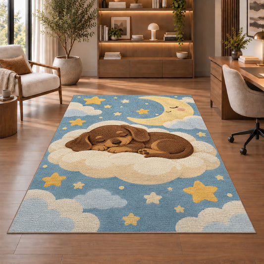Sleeping Dachshund Puppy Rug in a home office with wooden shelves