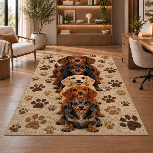 Dachshund Family Rug in a home office with wooden shelves