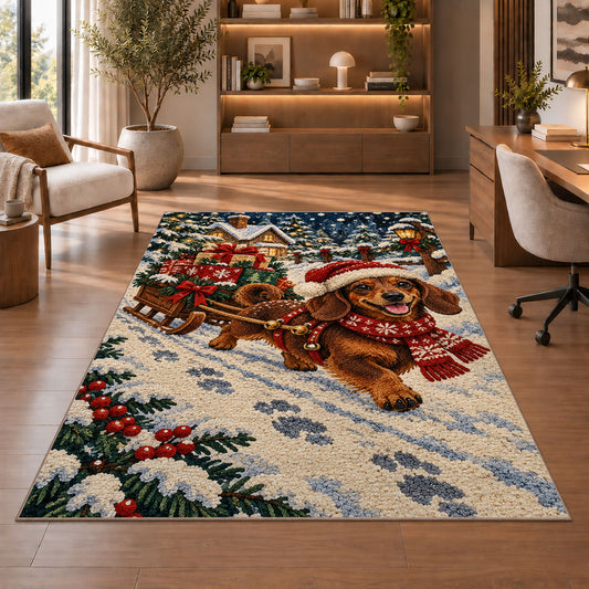 Santa Dachshund Rug in a home office with wooden shelves
