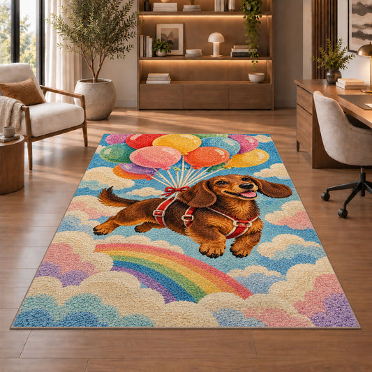 Dachshund Balloons Rug in a home office with wooden shelves