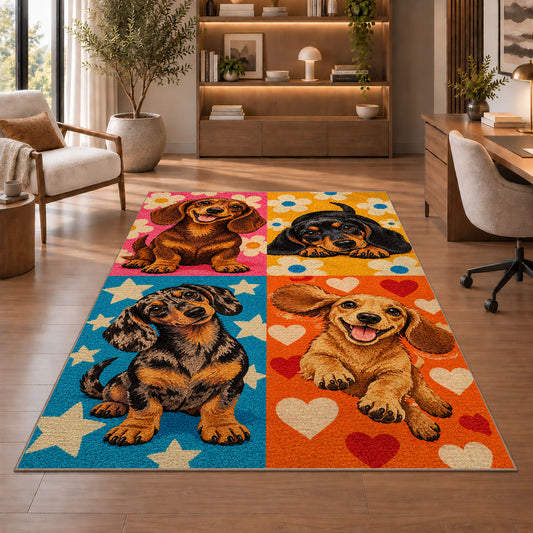 Pop Art Dachshund Rug in a home office with wooden shelves
