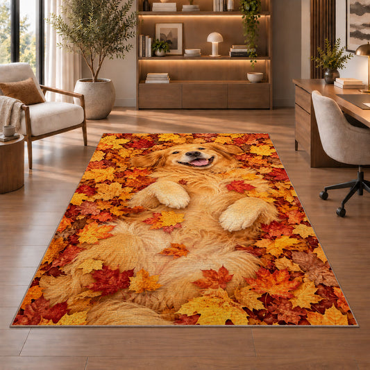 Golden Retriever in Autumn Leaves rug in a home office with wooden shelves