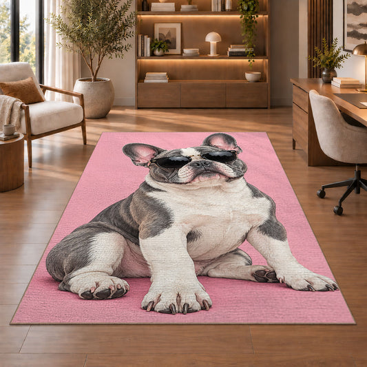 French Bulldog in Sunglasses rug in a home office with wooden shelves