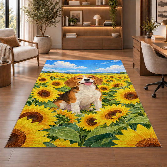 Beagle in Sunflower Field rug in a home office with wooden shelves