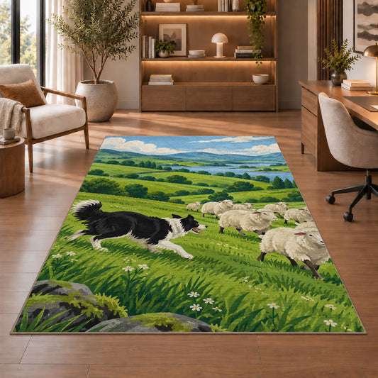 Border Collie Herding Sheep rug in a home office with wooden shelves