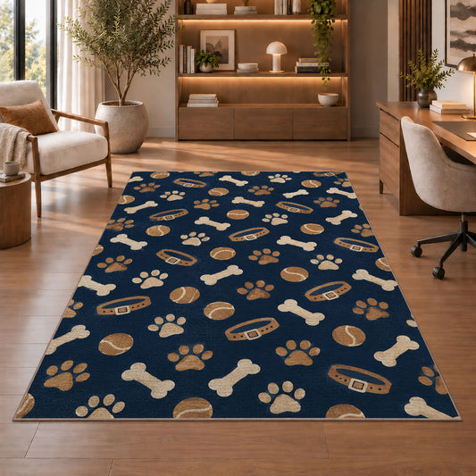 Dog Bones Balls and Paws Pattern rug in a home office with wooden shelves
