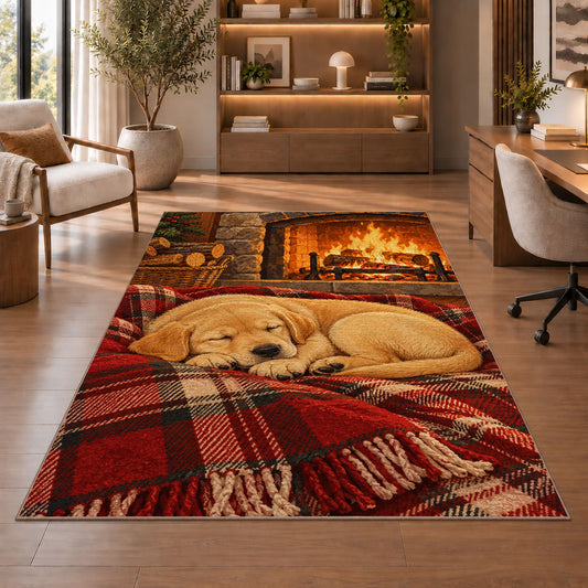 Lab Puppy by the Fireplace rug in a home office with wooden shelves