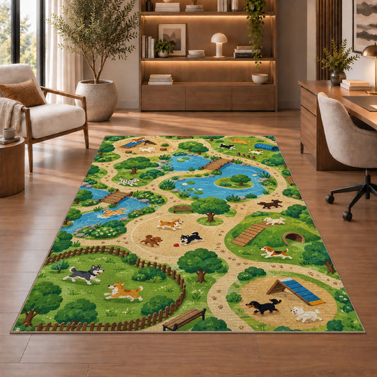 Dog Park Map rug in a home office with wooden shelves