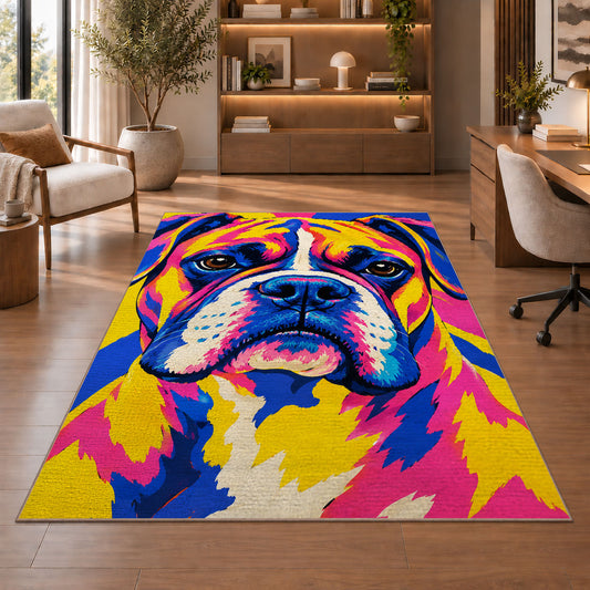 Pop Art Boxer Dog rug in a home office with wooden shelves