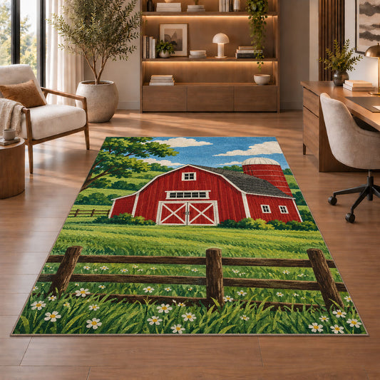 Classic Red Barn rug in a home office with wooden shelves