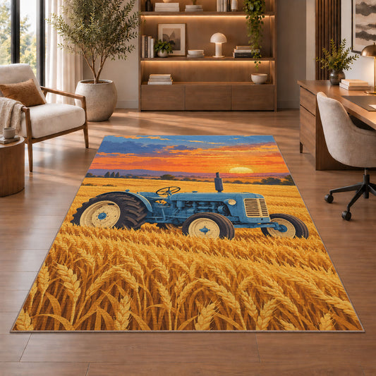 Vintage Tractor in Wheat Field rug in a home office with wooden shelves
