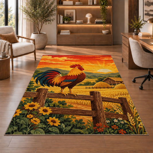 Rooster at Sunrise rug in a home office with wooden shelves