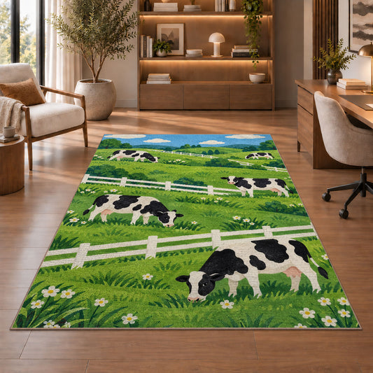 Dairy Cows by White Fence rug in a home office with wooden shelves