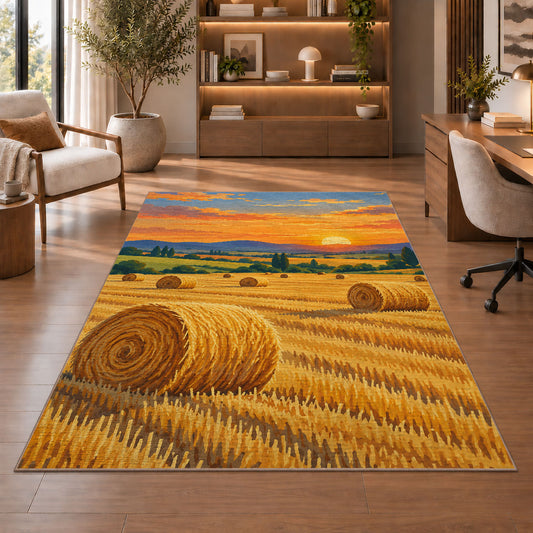 Hay Bales at Golden Hour rug in a home office with wooden shelves