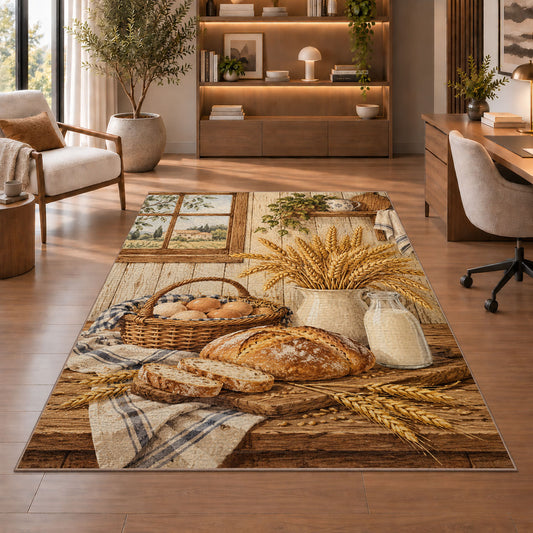 Farmhouse Kitchen Table rug in a home office with wooden shelves