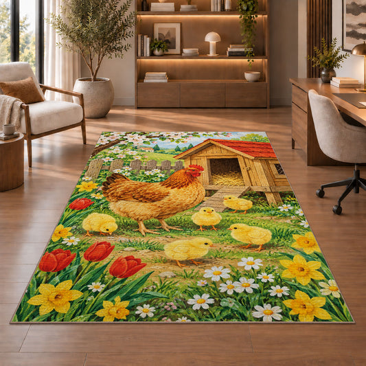 Spring Chicken Coop rug in a home office with wooden shelves