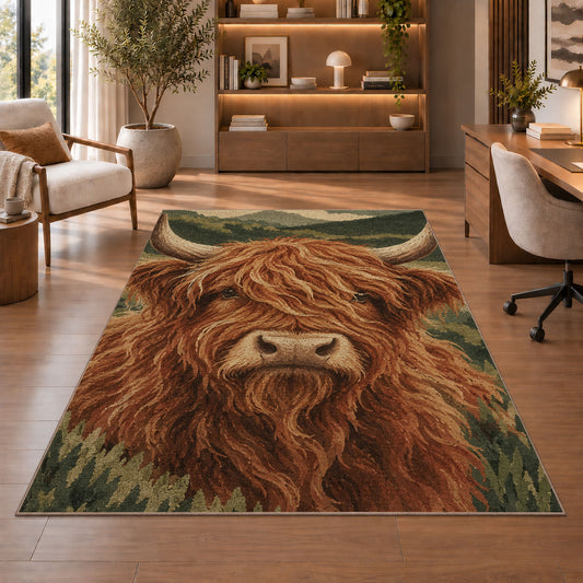 Highland Cow Close-Up rug in a home office with wooden shelves