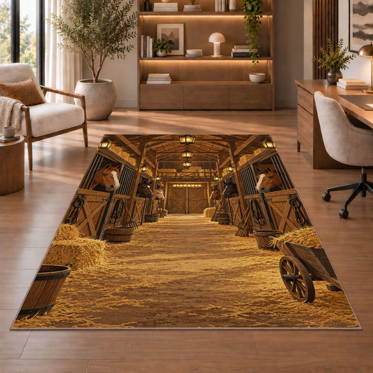 Horse Stable Barn Interior rug in a home office with wooden shelves