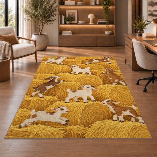 Goats on Hay Bales rug in a home office with wooden shelves