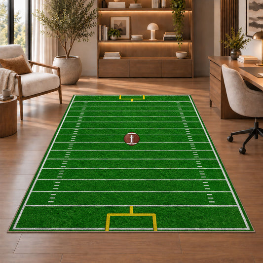 Football Field rug in a home office with wooden shelves