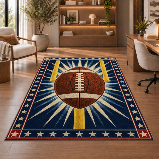 Starburst Football rug in a home office with wooden shelves